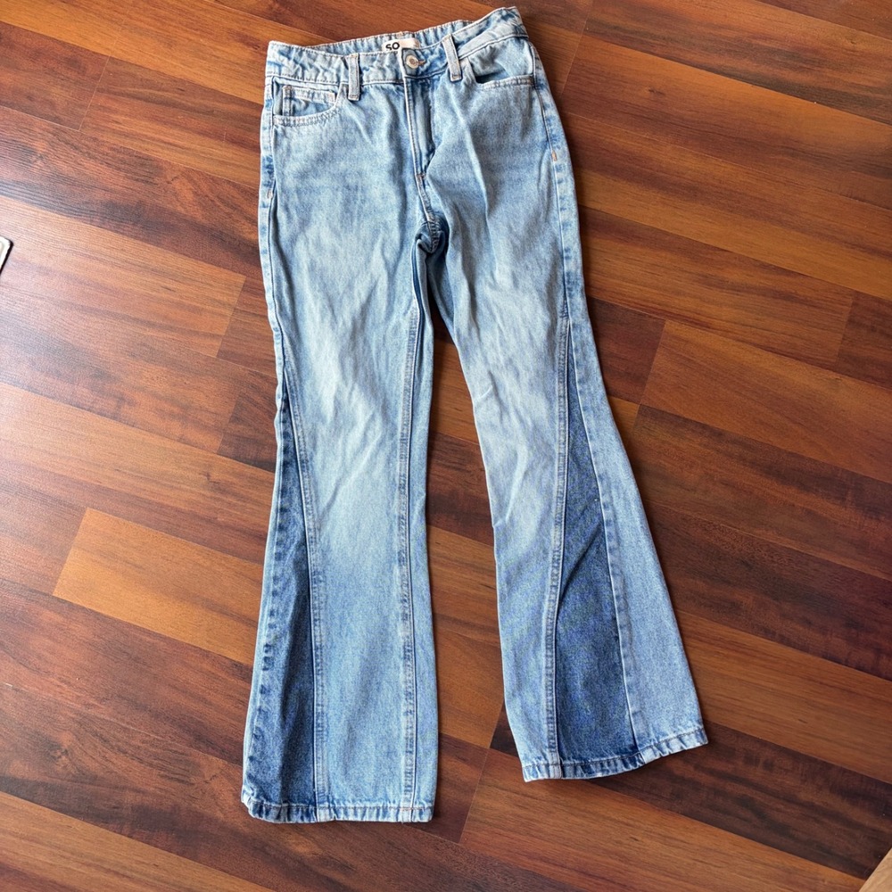 Girls Size 10 Two Tone Flare Jeans Light Wash Colorblock High Rise‎ Denim